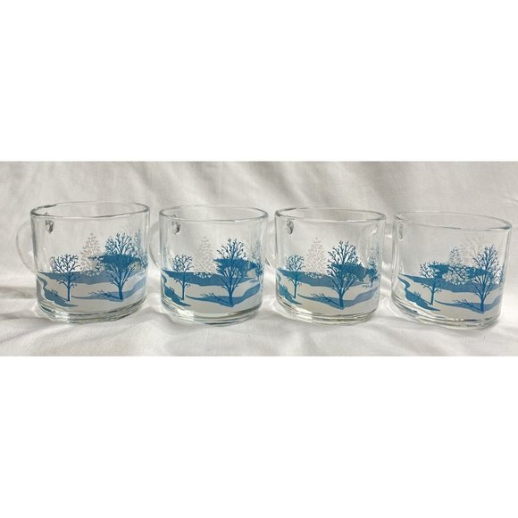 Anchor Hocking Clear Glass Coffee Tea Cups Mugs Winter Blue Scene Trees - Picture 3 of 7